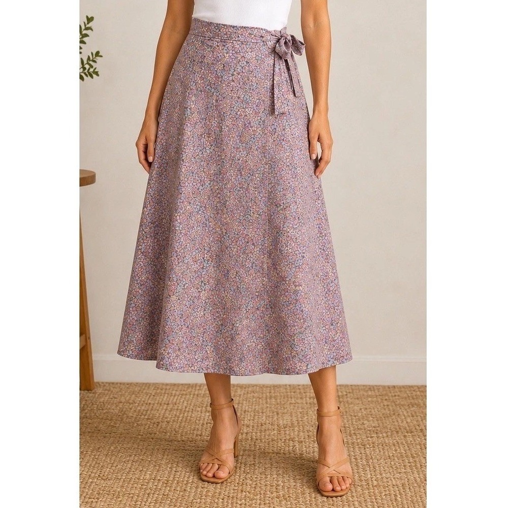 Womens 80s 90s Vintage Floral Wrap Midi Skirt Size 8 Pink Purple Blue Ditsy Boho
